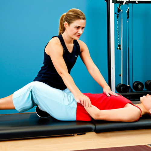 Home 14 Physical Therapy Session**
A physical therapist guiding a female patient in a modern rehabilitation center, performing a leg exercise. The patient is fully clothed in athletic wear, appropriate attire, with a supportive expression. The therapist is also fully clothed in professional attire. The scene includes exercise equipment and a bright, clean background. Perfect anatomy, natural proportions, well-formed hands, proper finger count, safe for work, appropriate content, fully clothed, professional, modest, family-friendly.
**