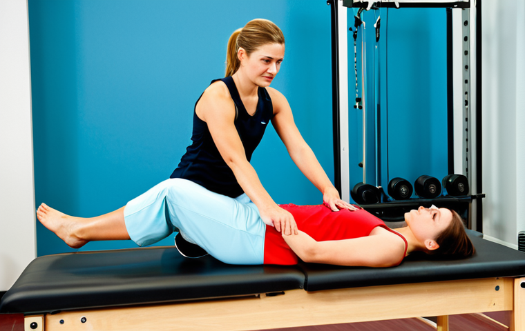 Physical Therapy Session**

A physical therapist guiding a female patient in a modern rehabilitation center, performing a leg exercise. The patient is fully clothed in athletic wear, appropriate attire, with a supportive expression. The therapist is also fully clothed in professional attire. The scene includes exercise equipment and a bright, clean background. Perfect anatomy, natural proportions, well-formed hands, proper finger count, safe for work, appropriate content, fully clothed, professional, modest, family-friendly.

**