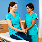 **

"A professional female physiotherapist, fully clothed in scrubs, assisting a senior woman in a modest exercise routine. The setting is a bright and clean physiotherapy clinic with exercise equipment in the background.  Safe for work, appropriate content, professional, perfect anatomy, natural proportions, well-formed hands, proper finger count, family-friendly, modest clothing."

**