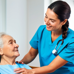 A professional female physiotherapist in a modest, light blue scrubs, consulting with a fully clothed elderly patient in a bright, modern clinic setting. Safe for work, appropriate content, perfect anatomy, well-formed hands, family-friendly.