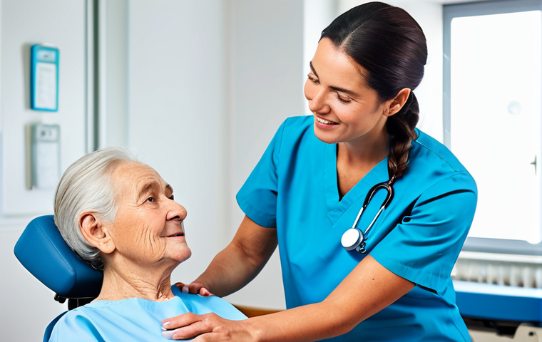 A professional female physiotherapist in a modest, light blue scrubs, consulting with a fully clothed elderly patient in a bright, modern clinic setting. Safe for work, appropriate content, perfect anatomy, well-formed hands, family-friendly.
